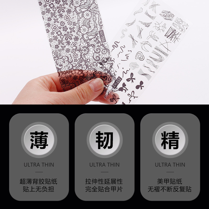 Nuevo tipo transfronterizo de manicuría japonesa pegatinas de encaje en el viento de manicuría pegatinas de uñas pegatinas de encaje duro negro y blanco