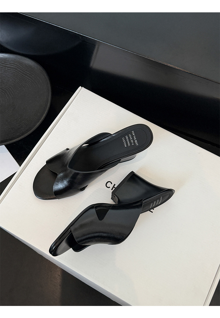 Sandal cao gót nữ hở mũi quai ngang da thật gót 8 cm — màu nâu, màu đen, màu trắng chi tiết 15