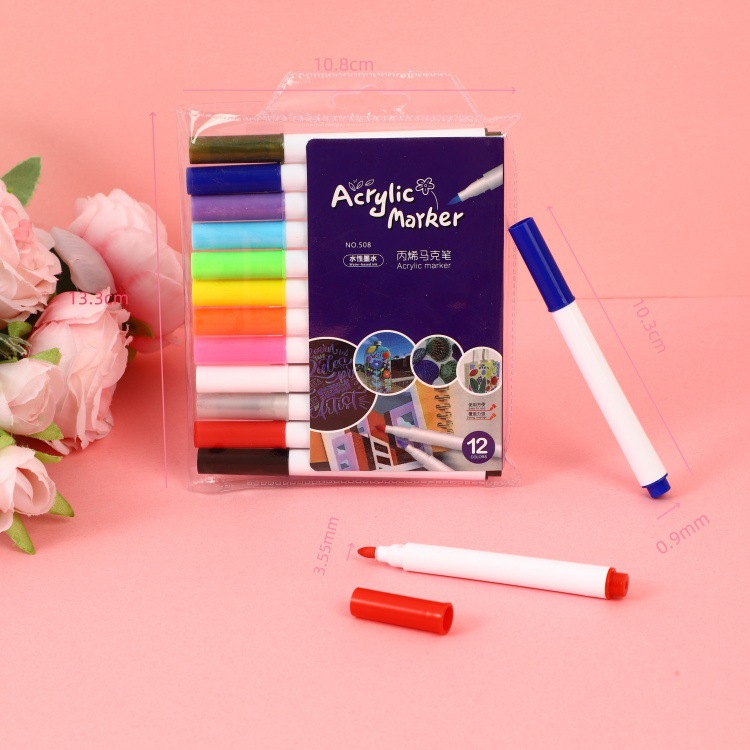 Marcador acrílico de 12 colores para pintura infantil rotulador especial para estudiantes acrílico color impermeable a base de agua fábrica de colores superpuestos