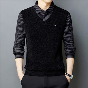Men's Autumn and Winter Chenille fleece-lined Thickened Striped Shirt Collar Fake Two-piece Set Young and Middle-aged Warm Top