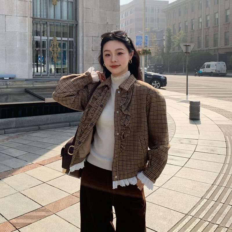 Interpreting Beauty Newopen 25 Winter French Retro Plaid Lapel Ruffle Patchwork Short Jacket F6870