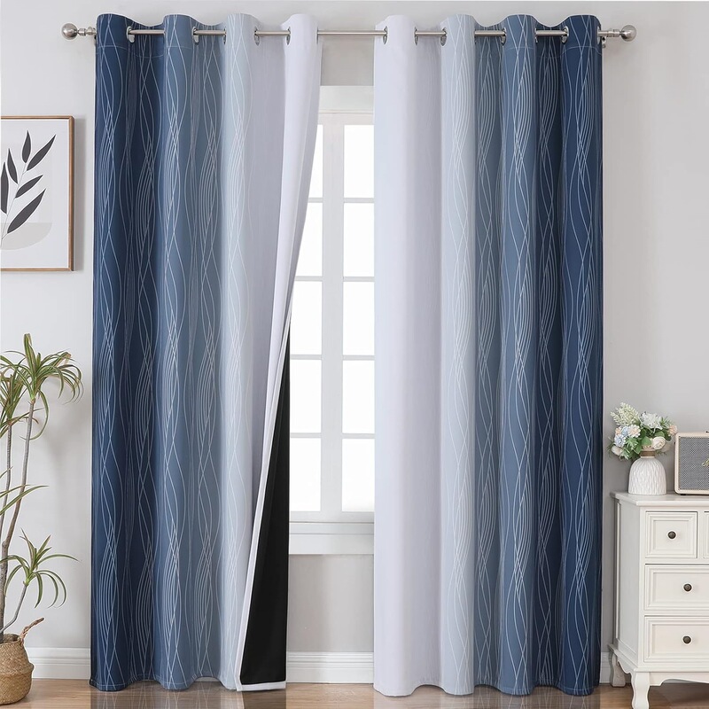 Modern minimalist navy blue and gray-white blackout curtains for living room, balcony, bedroom, sunshade, and decorative curtains