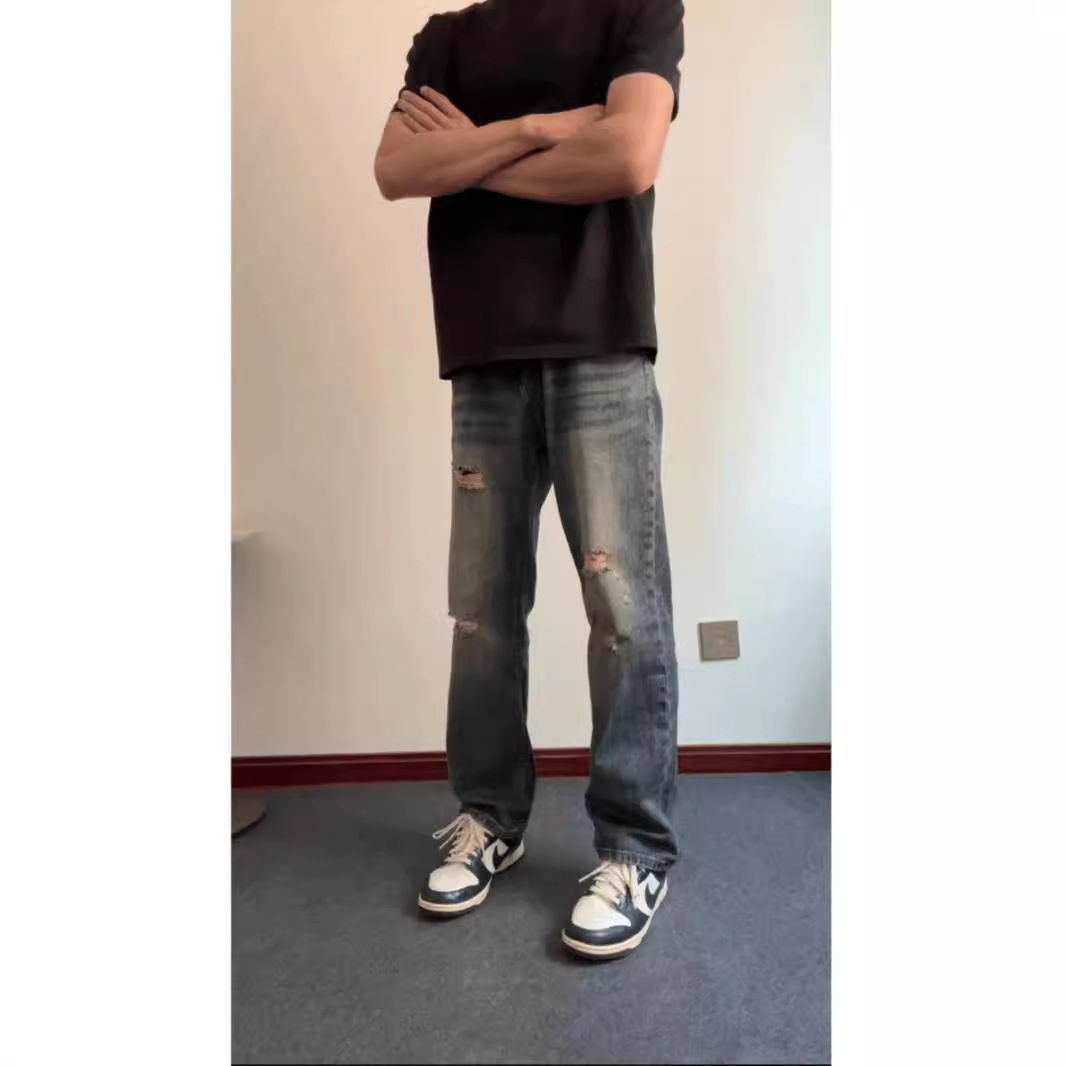 American vibe retro agujeros jeans hombre verano delgado recto pantalones largos pantalones oversize