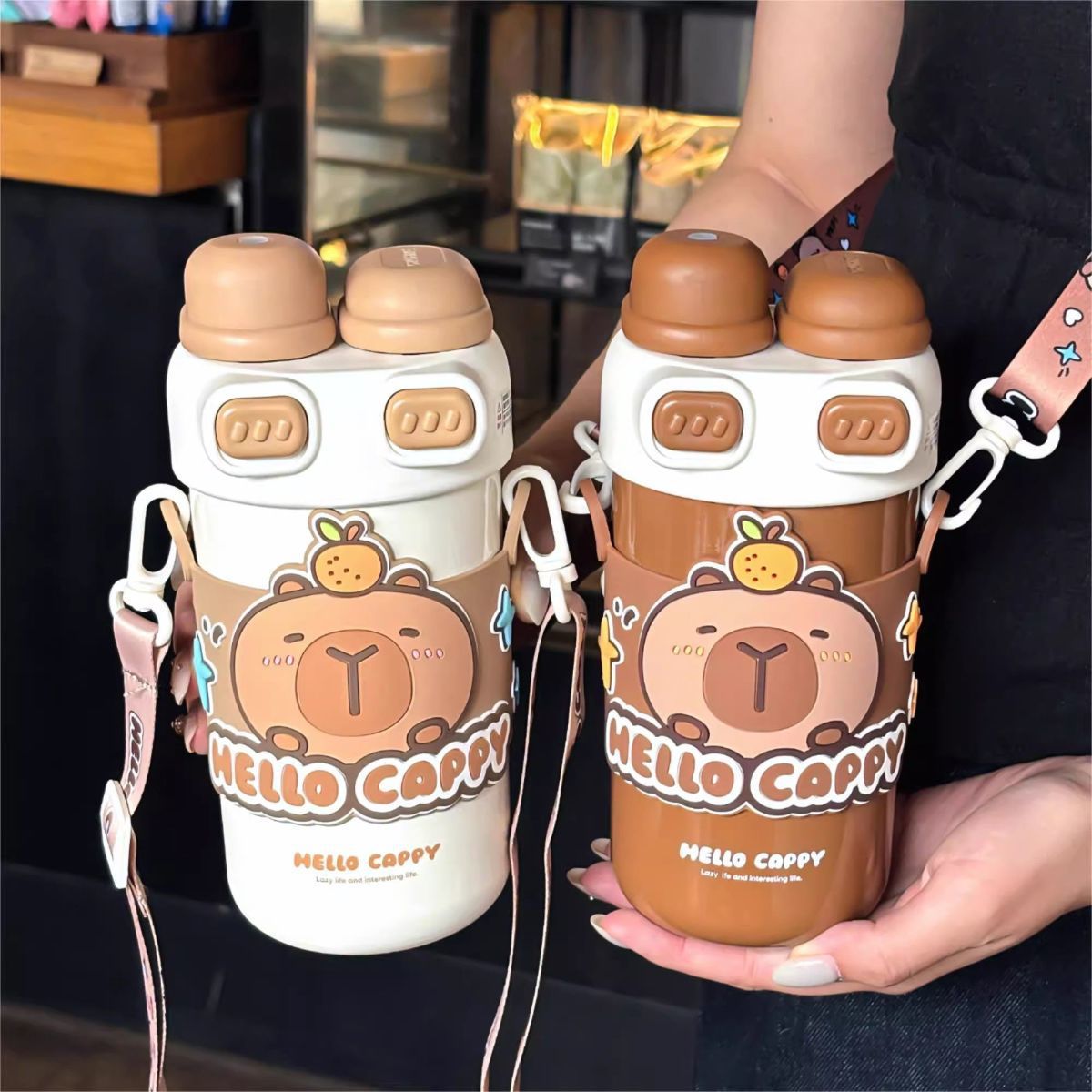 卡皮巴拉学生保温杯双饮可爱儿童水杯户外便携316不锈钢吸管杯子