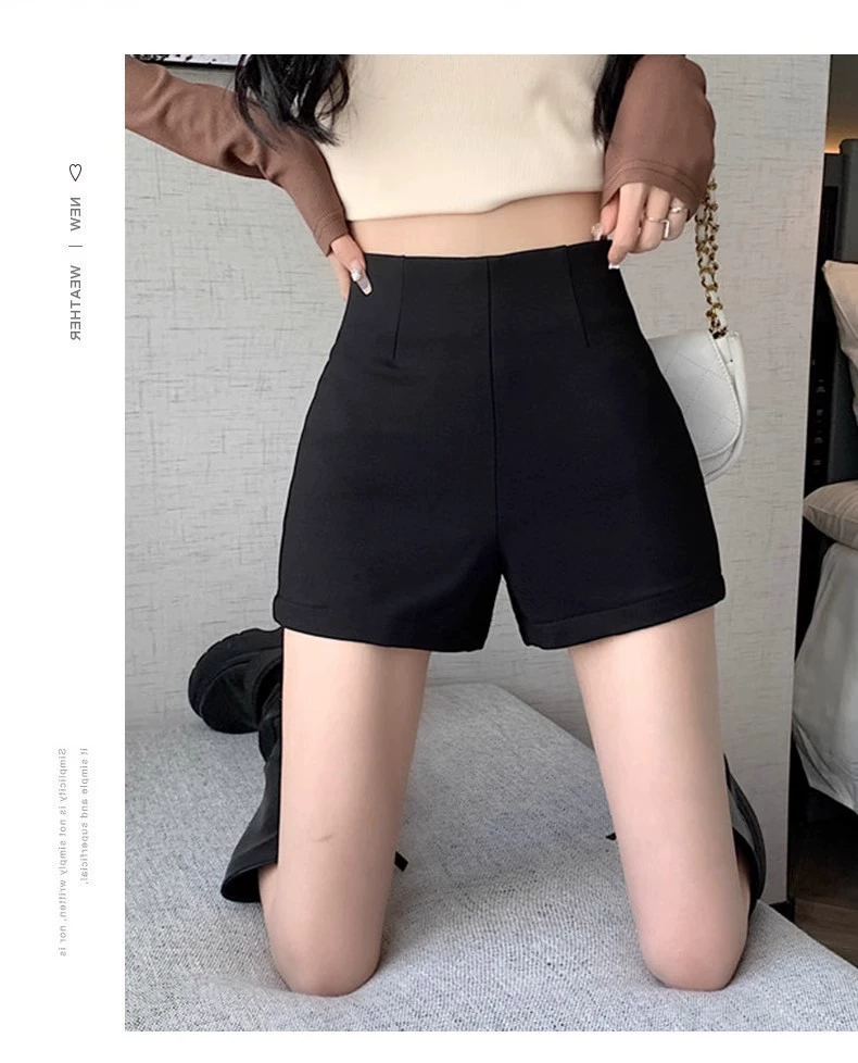 Elastic spring trousers, black colored thin fitted shorts, tight, A-line, hip-accented