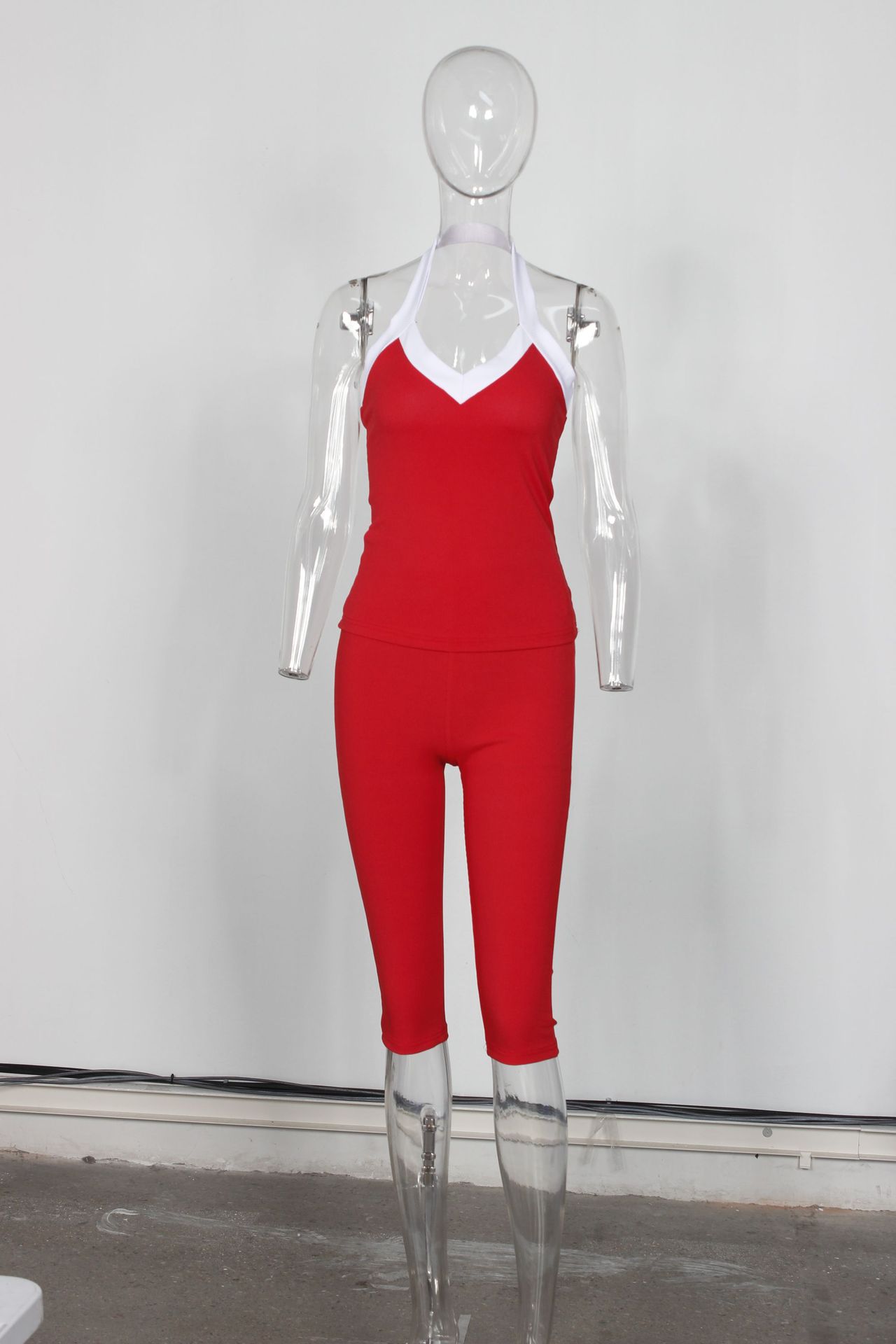 Summer Stretch Contrast Color Halterneck Vest Top Tight Mid Length Blouse Pants Women