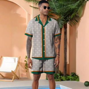 2025 Cross-Border Export New 3D Printed Geometric Pattern Men's Casual Hawaiian Style Shirt Suit