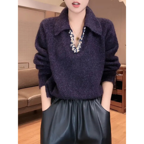 2025 Fashion Knit Sweater Long Sleeve Trendy Purple Women's Sweater 2025 Autumn/Winter New Arrival Lazy Loose Top
