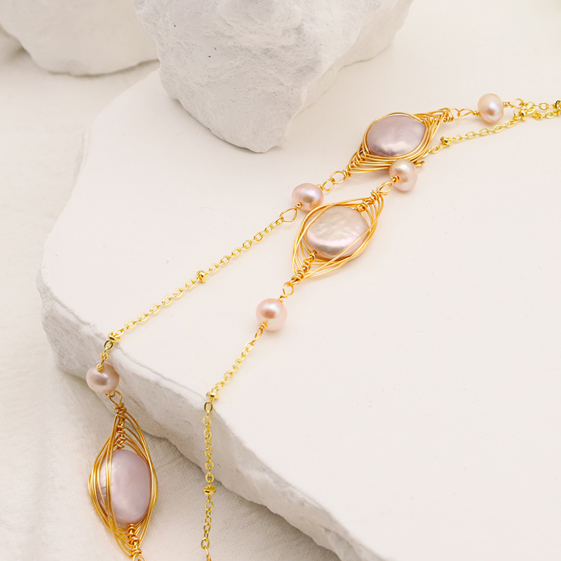 ¡Alta calidad! Cadena de suéter de perlas naturales de alto grado collar de cuello largo elegante de todas las mujeres 18K galvanoplastia de oro real