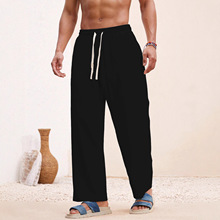 跨境新款男士亚麻欧美宽松休闲阔腿裤潮流沙滩运动四季透气男长裤