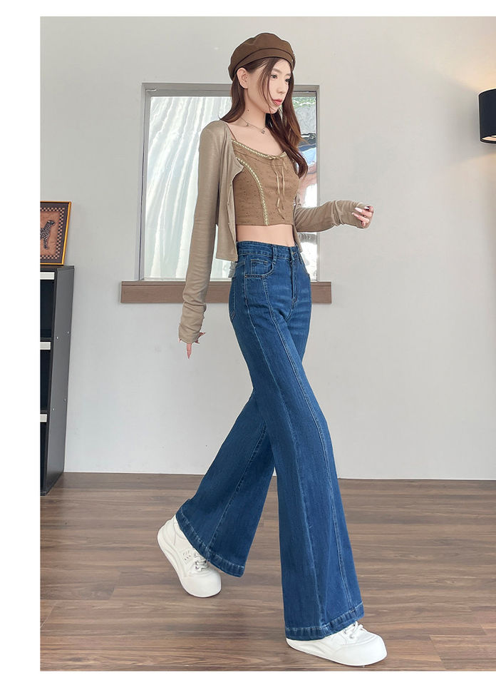 Quần jeans nữ ống loe nhẹ cạp cao tôn dáng màu xanh cổ điển — Xanh cổ điển - Dài hơn, Xanh cổ điển - Tiêu chuẩn chi tiết 12