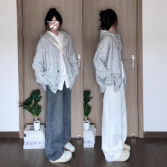 慵懒风灰色连帽毛衣开衫外套女秋冬季2025新款高级感宽松针织上衣