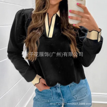 欧美跨境早秋新款泡泡袖小衫宽松显瘦时尚简约撞色 v领长袖上衣