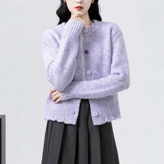 紫色毛衣外套女春秋2025新款甜美慵懒风宽松软糯针织开衫别致上衣