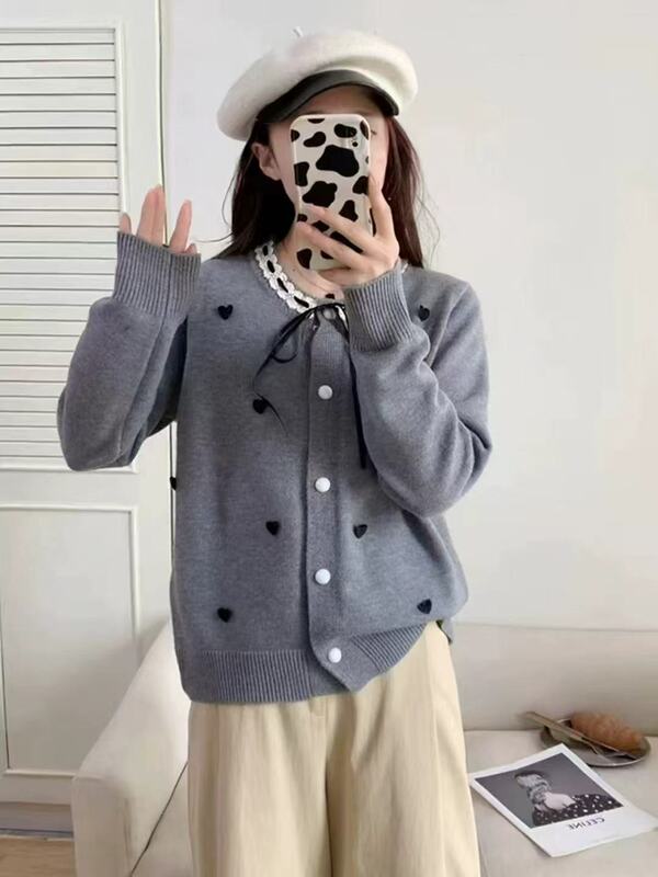 欧洲站秋冬新款圆领爱心蝴蝶结蕾丝针织开衫女时尚气质名媛风毛衣|undefined