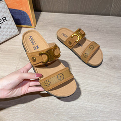 凱旋門沙灘一字帶平底拖鞋女涼拖夏外穿半拖鞋勃肯鞋軟木大碼女鞋