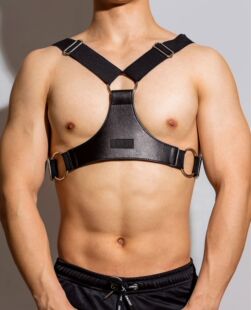 D.M men's shoulder strap leather pure black dress with muscle men