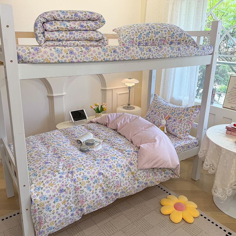 Juego de cama de dormitorio de estudiantes universitarios de tres piezas de algodón puro algodón lavado de algodón sábana individual funda de edredón juego de cama de cuatro piezas