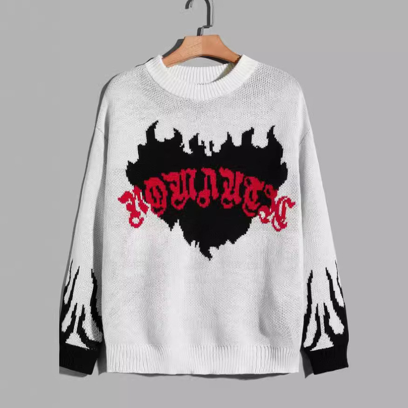 Autumn and Winter Trendy Brand New Flame Knitted Top 2024 Cross-Border Personalized Heavy Sweater Men's European and American Heart White and Black Cotton Autumn and Winter Trendy Brand New Flame Knitted Top 2024 Cross-Border Personalized Heavy Sweater Men's European and American Heart White and Black Cotton