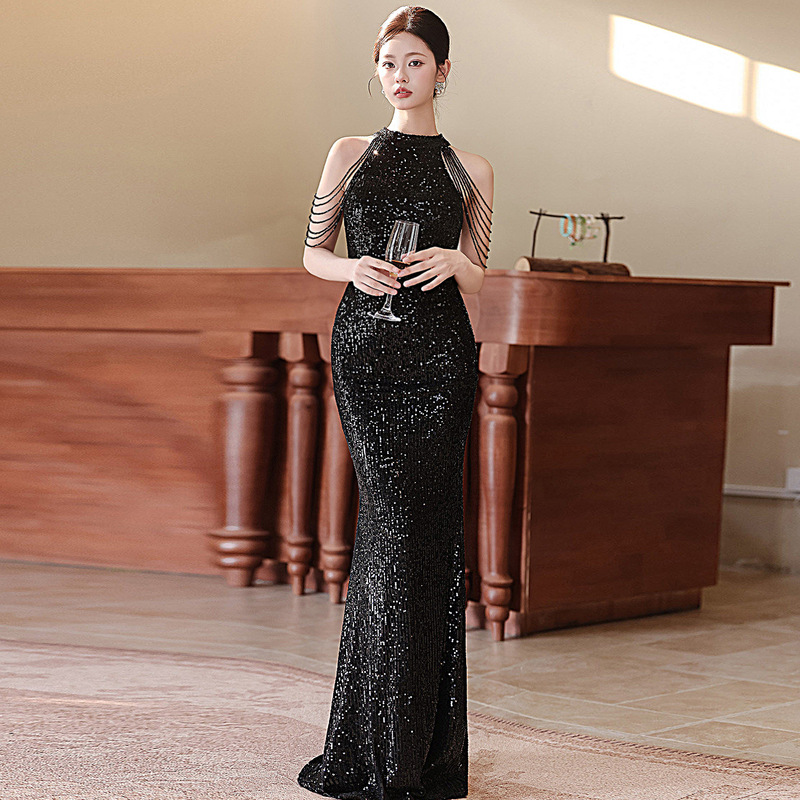 Evening Dress for Women, Banquet Style, Simple, Accessible Luxury, Niche, Classy Hepburn Style, Sequined Halterneck, Long Fishtail Dress Evening Dress for Women, Banquet Style, Simple, Accessible Luxury, Niche, Classy Hepburn Style, Sequined Halterneck, Long Fishtail Dress