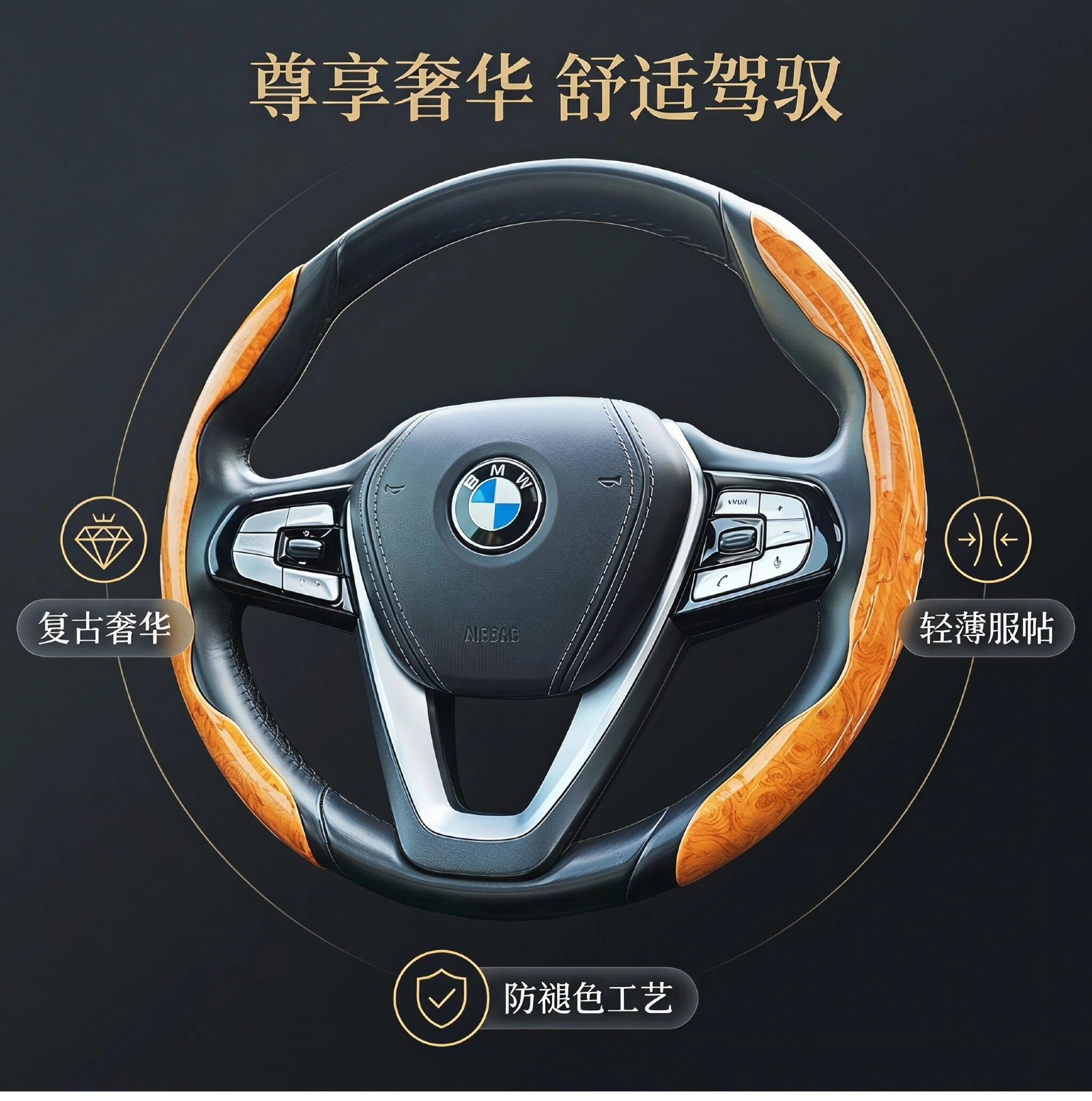 Car steering wheel cover with peach wood grain, ultra-thin, suitable for all seasons, non-slip, snap-on decorative cover, cross-border wholesale