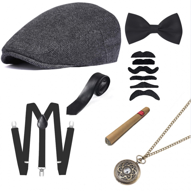 1920S Men's Prom Party Gangster Costume Woolen Herringbone Hat Suspenders Tie Cigar Suit