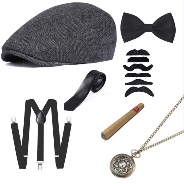 1920S Men's Prom Party Gangster Costume Woolen Herringbone Hat Suspenders Tie Cigar Suit