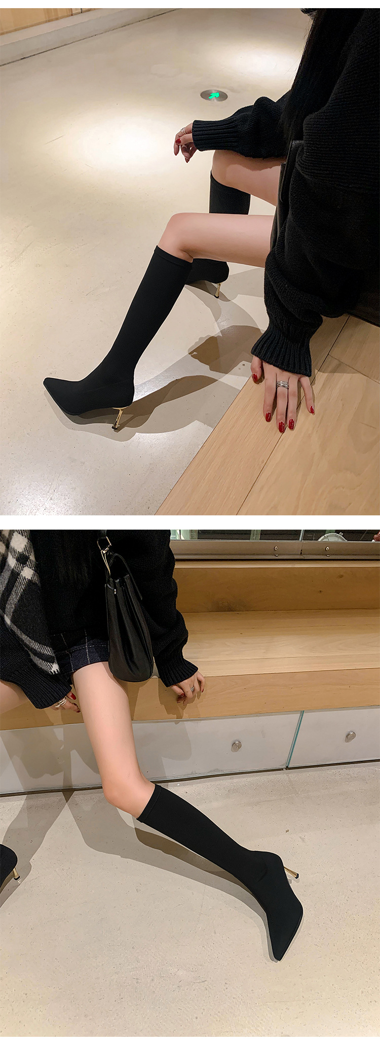 Boot nữ cổ cao quá gối mũi nhọn gót nhọn co giãn ôm chân — Ống cao màu đen chi tiết 9