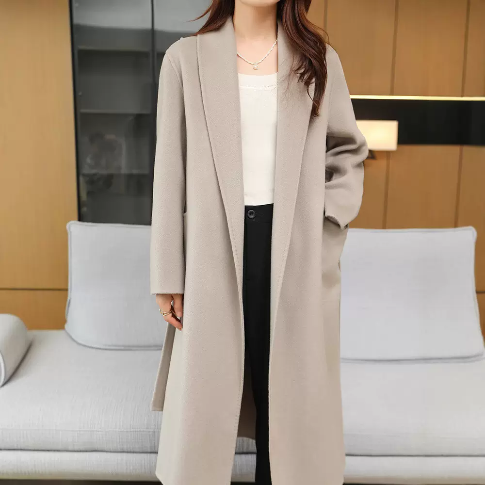 秋冬新款双面呢大衣女中长款大领子100%羊毛青果领百搭显瘦呢外套