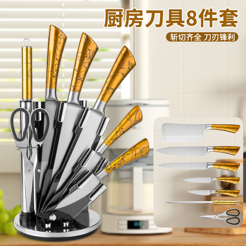 Punto de fábrica Acero inoxidable Cuchillo de mango hueco Cuchillo de herradura Juego de 8 piezas Asiento giratorio de acrílico Juego de 8 piezas Cuchillo