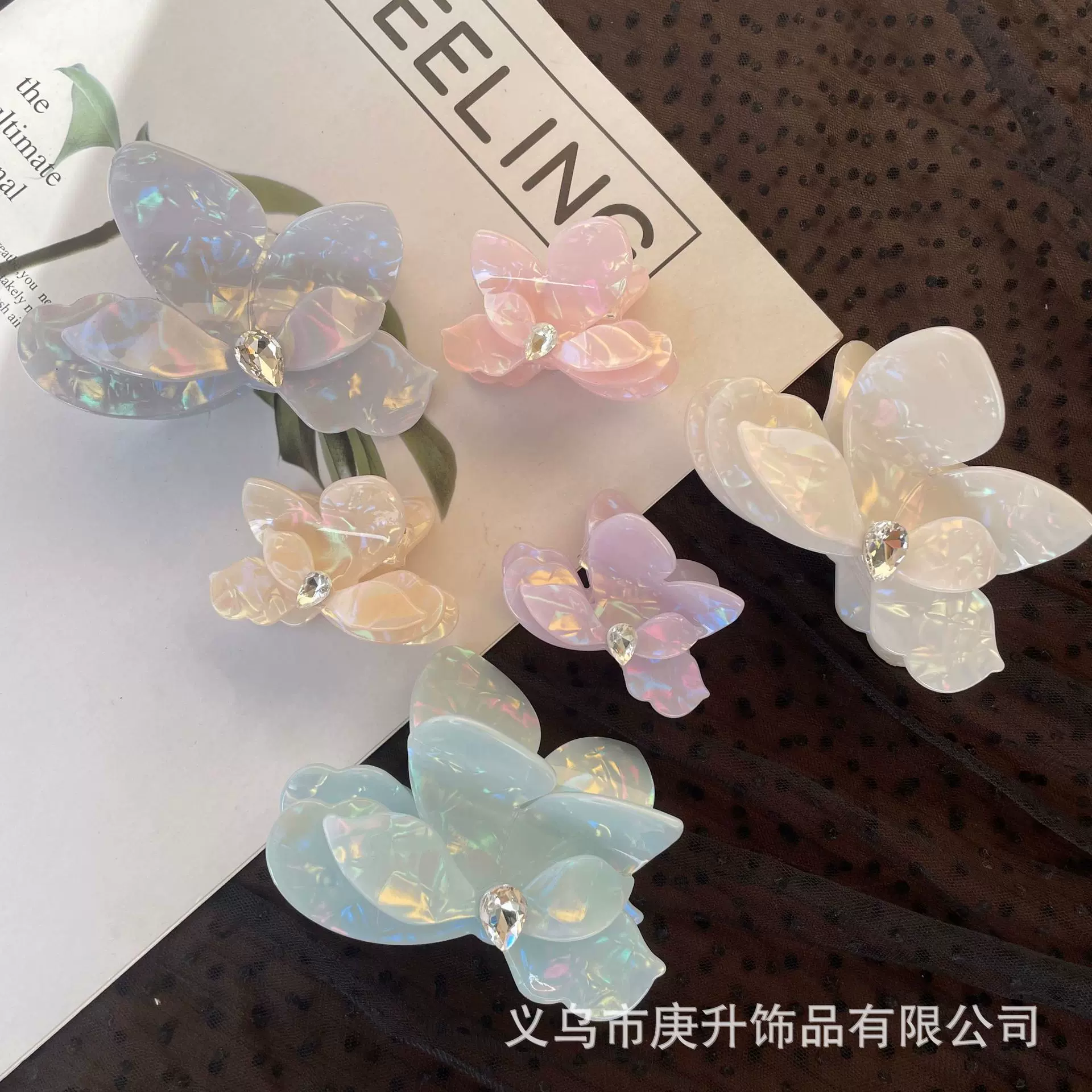 跨境定制镶钻三角梅醋酸发夹韩版时尚简约幻彩抓夹高级感鲨鱼夹子