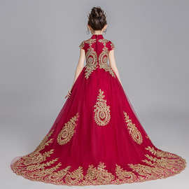 红色公主裙女童蓬蓬主持人演出服小女孩模特走秀洋气儿童礼服拖尾