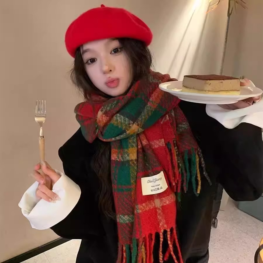 红色格子仿羊绒围巾女冬季韩系氛围感百搭披肩保暖圣诞毛线围脖冬