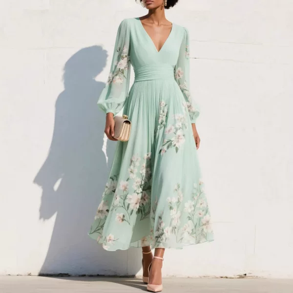Independent Brand 2026 European and American Women's Fashion Amazon Digital Print Floral Long-Sleeve V-Neck Pleated Dress Women's Long Dress
