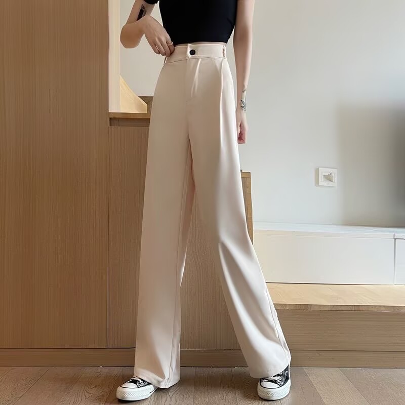 スーツのズボンの女性の夏の韓国版の高腰のゆったりしているストレートな筒はやせている大きいサイズのモップのズボンを現します。