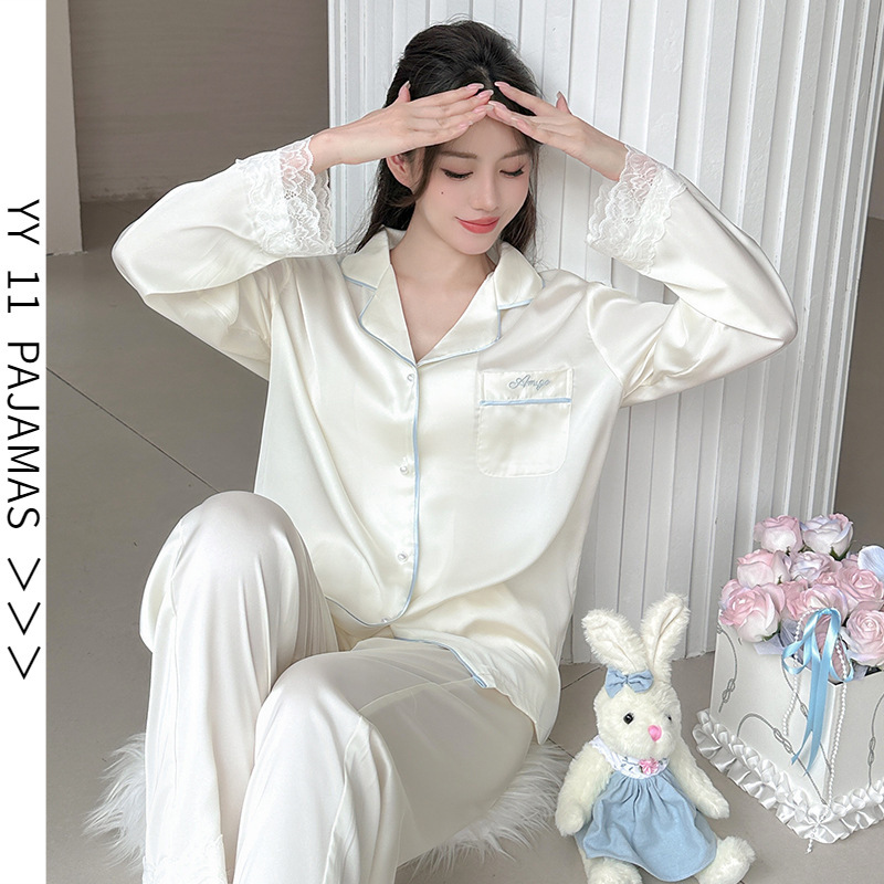 여성용 아세테이트 실크 잠옷, 봄/가을 고급 실크 긴팔 긴바지, 하이엔드 럭셔리 인터넷 유명 홈웨어 세트