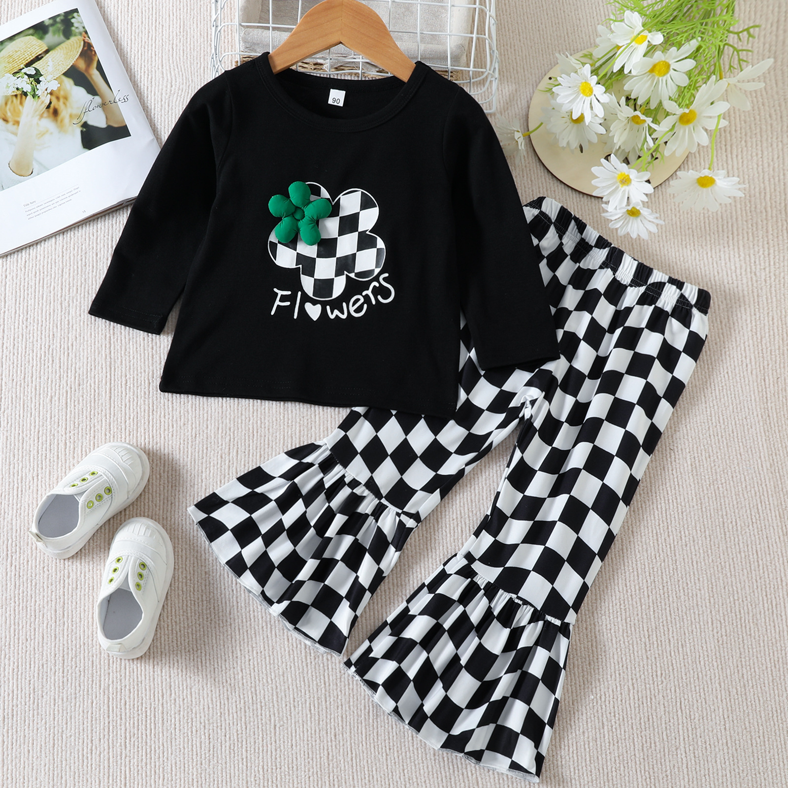 Fashion Plaid Flower Printing Cotton Polyester Girls Clothing Sets display picture 1