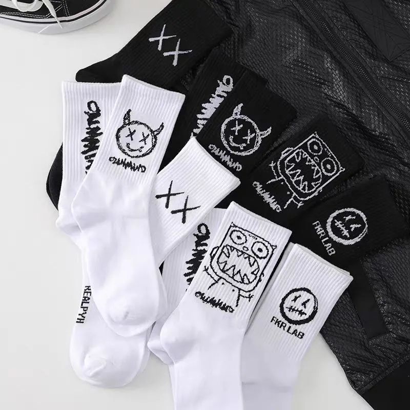 Socks Men's Normcore Expression Multi-Cotton Black and White Socks Ins Cartoon Cotton Hip-Hop Funny Long-Tube Couple Socks