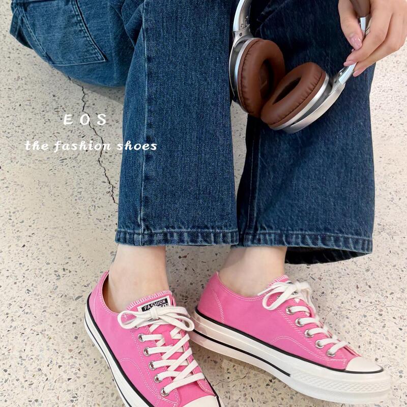 Dongdaemun Low-Key Pink Low-Top Canvas Shoes for Women, Lace-Up Round-Toe Casual Sneakers, Height-Increasing Shoes, Bright Dopamine Style