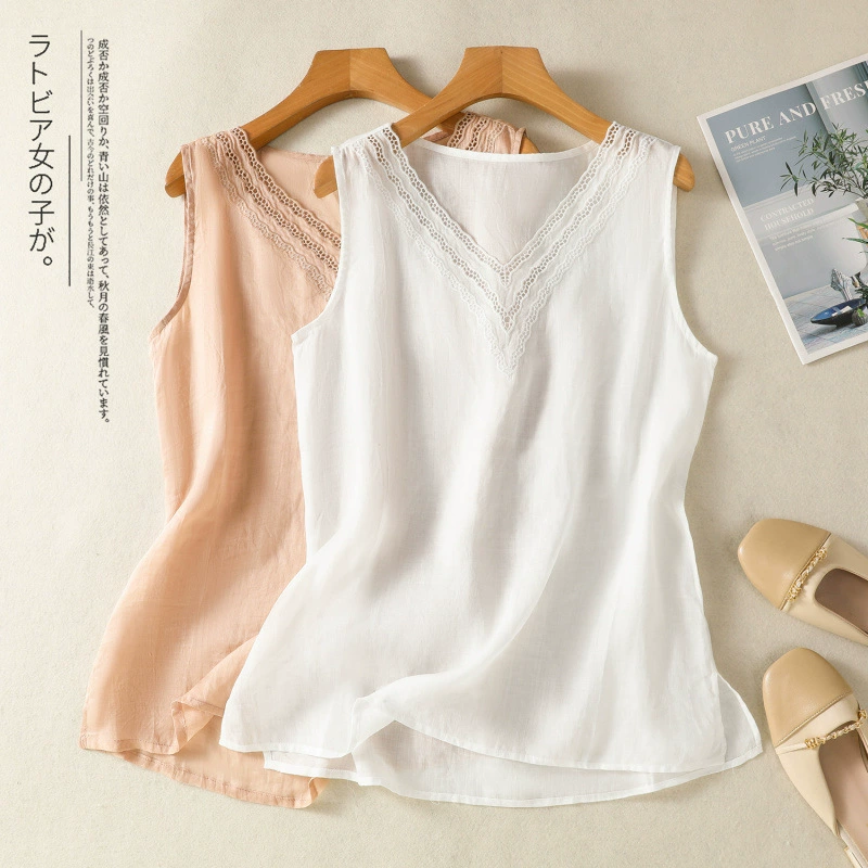 Литературный жилет рами женский летний кружевной шитый V-образный вырез тонкий и слегка прозрачный пуловер рубашка рубашка