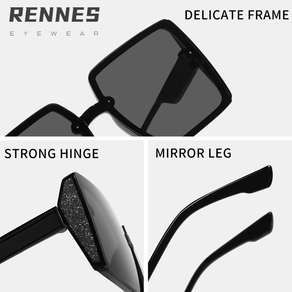 Retro de alto grado textura borde grueso brillo lado sin marco cuadrado negro gafas de sol de las mujeres cara grande adelgazamiento gafas de sol