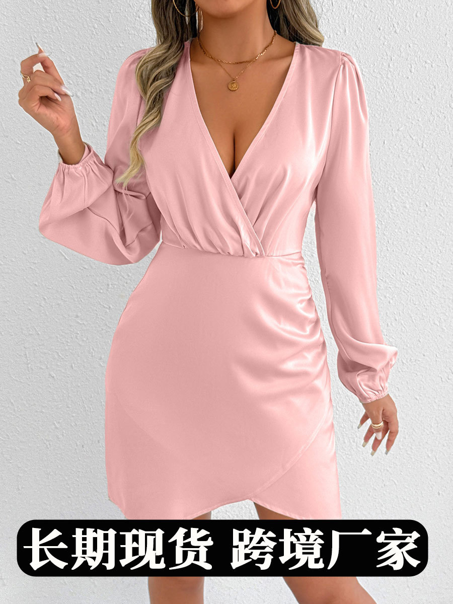 Fotos reales de la popular ropa femenina de exportación europea y americana de este año, nuevo vestido de satén de verano con un toque de alta gama, falda ajustada.