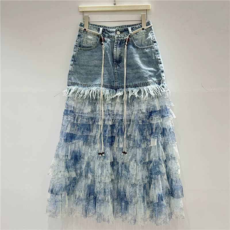 Denim skirt, mesh skirt, high-end, tutu skirt