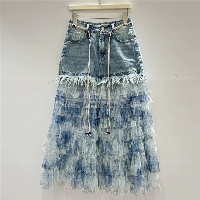 Denim skirt, mesh skirt, high-end, tutu skirt