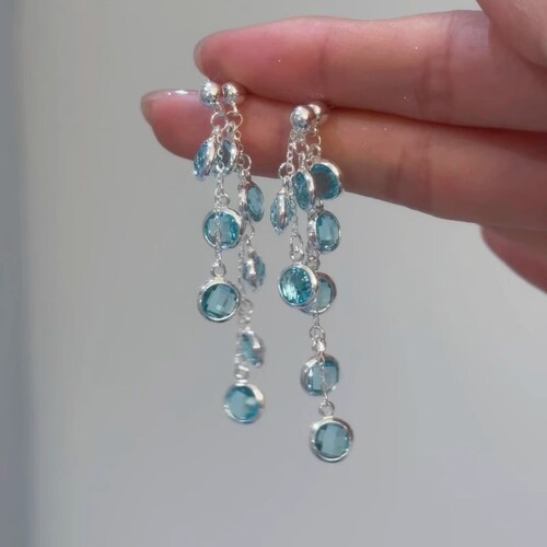 Ice Blue Zircon Flowing fringe earrings, unisex design, long and elegant fashion earrings for women