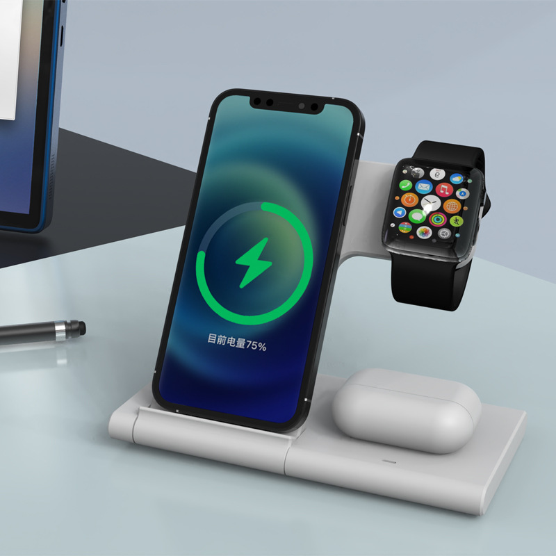 Manufacturers cross-border hot-selling foldable three-in-one desktop wireless charger mobile phone holder 15w fast charging dual coil