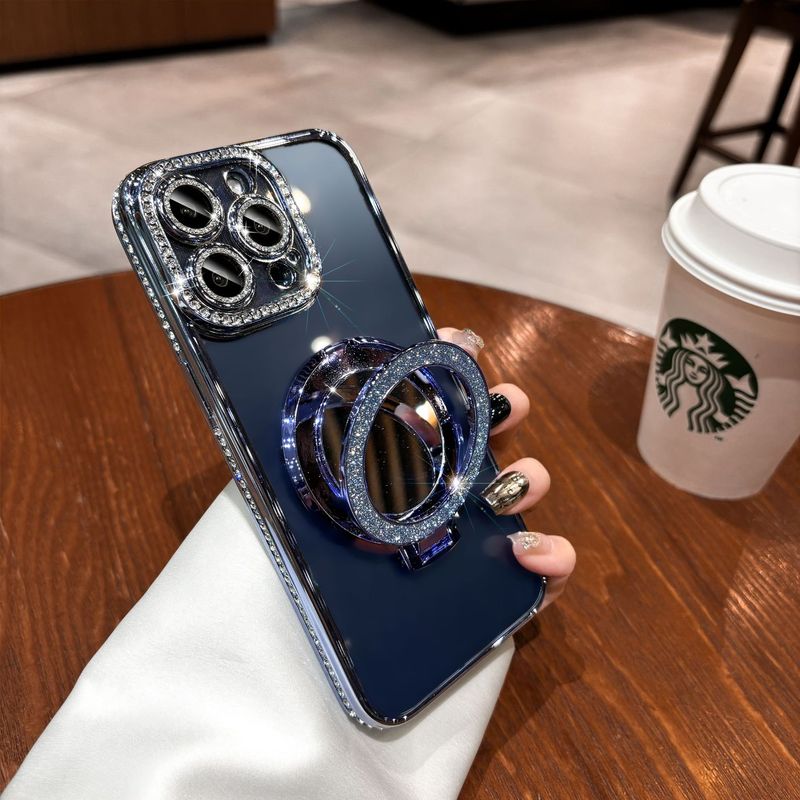 电镀水钻适用苹果17promax手机壳iPhone14全包13pro镜子磁吸支架|undefined