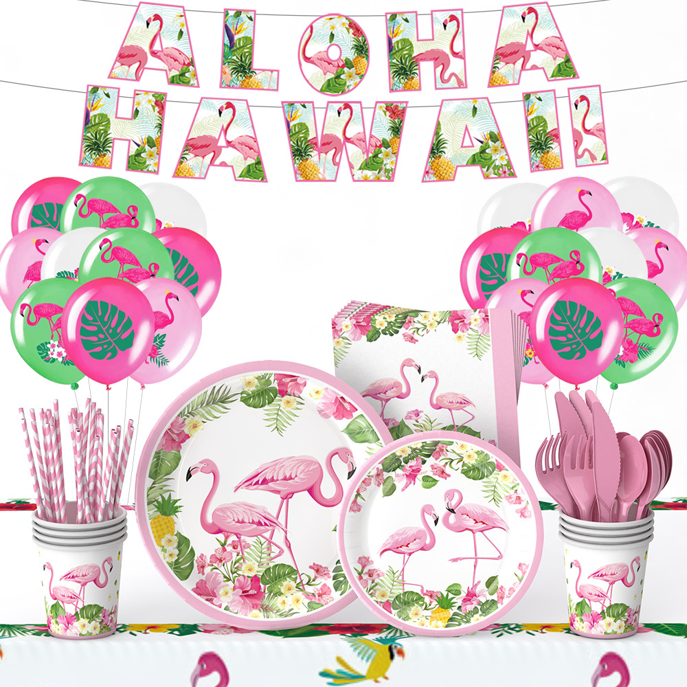 Temas de verano flamenco bandeja de papel desechable tazas de papel toallas de papel cubiertos bandejas de bandera hawaiana set decoración de fiesta