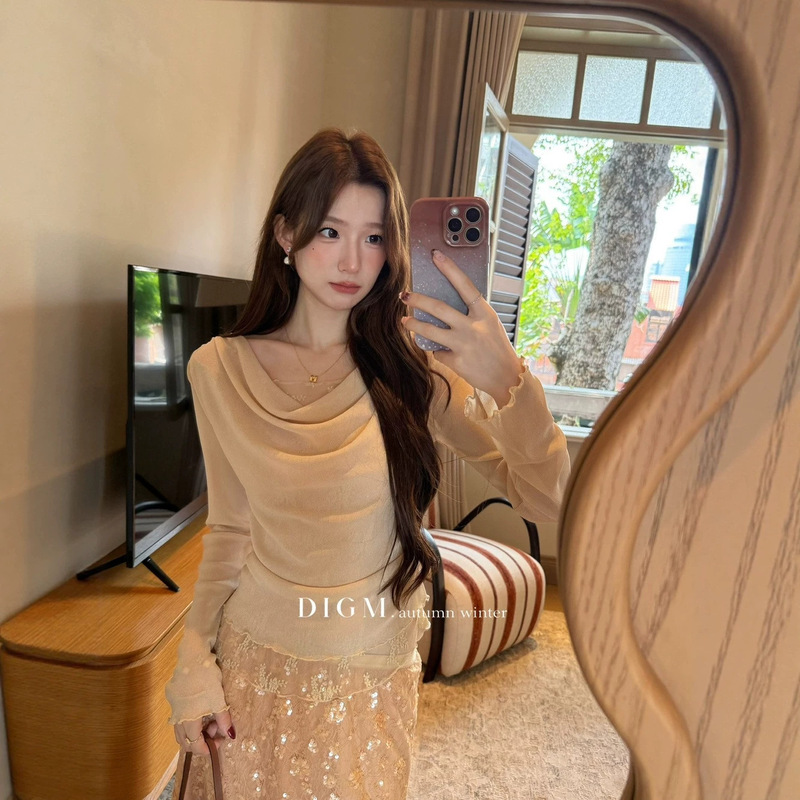 Autumn【DIGM】French-style gentle solid color ruffled collar with lace trim design, waist-cinching slimming knit top