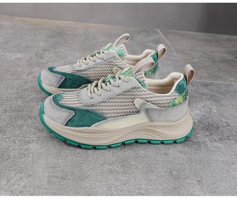 Giày sneaker chunky nữ đế dày phối màu da bò lưới thoáng khí — Màu xanh lục xám chi tiết 14